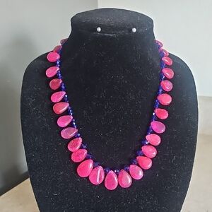 Vibrant Pink Ruby Teardrop Necklace with Blue Crystal Beads